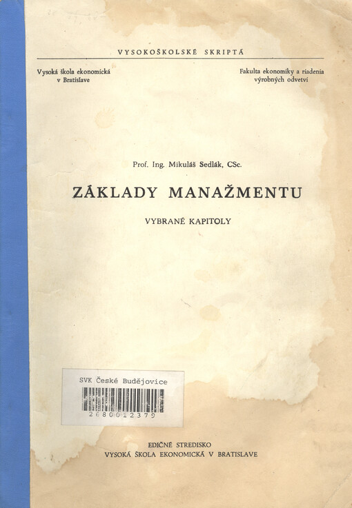 Základy manažmentu : vybrané kapitoly