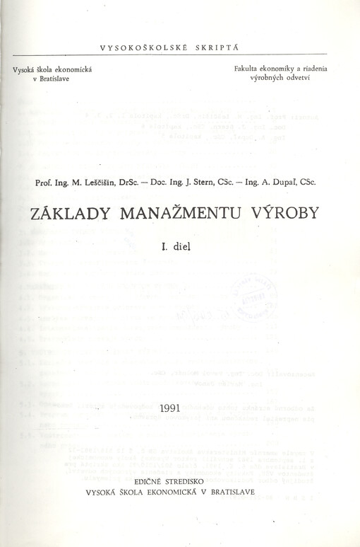 Základy manažmentu výroby.Diel I.