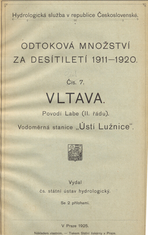 Odtoková množství za desítiletí 1911-1920. Čís. 7, Vltava, Povodí Labe (II. řádu), Vodoměrná stanice 