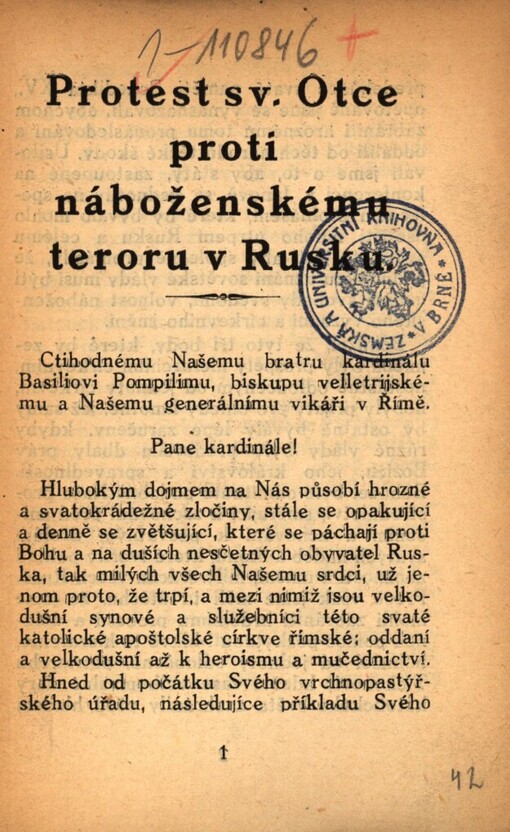Protest sv. Otce proti náboženskému teroru v Rusku