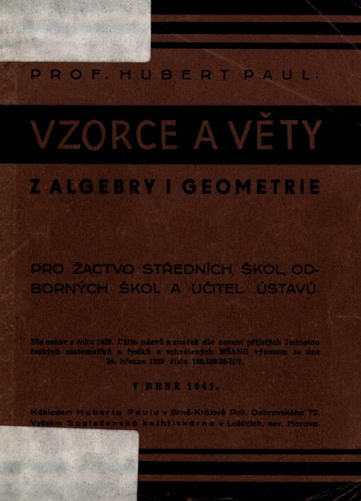 Vzorce a věty z algebry i geometrie pro žactvo středních škol, odborných škol a učitelských ústavů