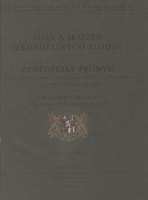 Osev a sklizeň zemědělských plodin v roce 1923 ;a, Zemědělský průmysl (pivovarství v roce 1923, cukrovarství a lihovarství za výrobní období 1922-1923) s dodatkem o včelařství v roce 1923 v republice Československé.Část tabulková