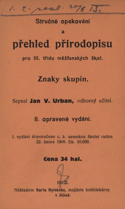 Stručné opakování a přehled přírodopisu pro III. třídu měšťanských škol: znaky skupin