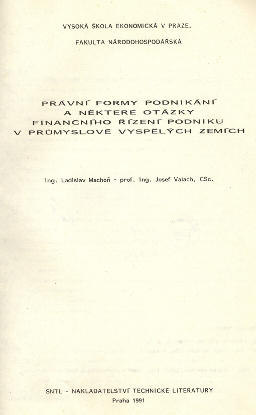 Právní formy podnikání a některé otázky finančního řízení podniku v průmyslově vyspělých zemích