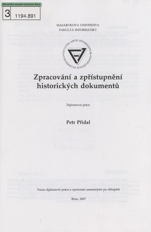 Zpracování a zpřístupnění historických dokumentů :diplomová práce