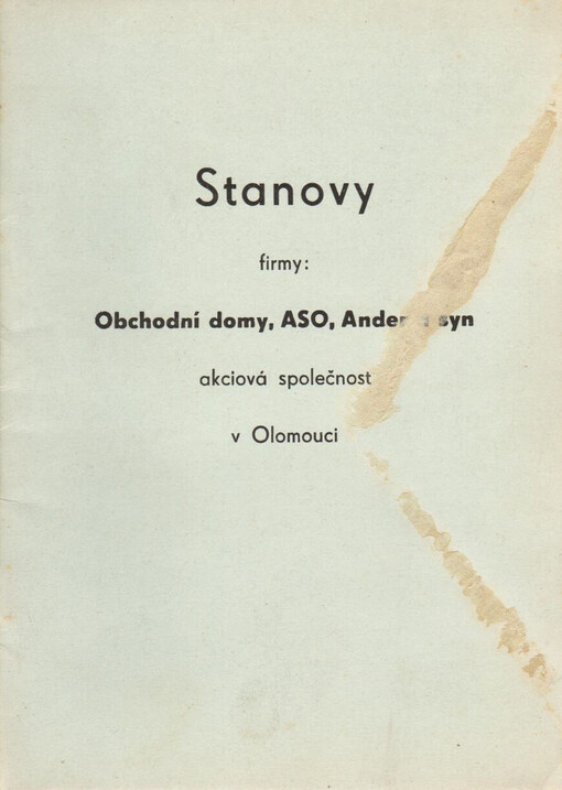 Stanovy firmy: Obchodní domy, ASO, Ander a syn, akciová společnost v Olomouci