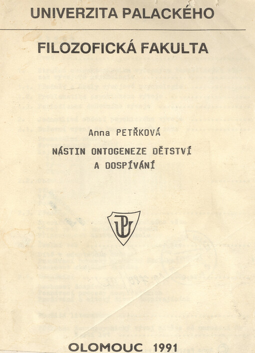 Nástin ontogeneze dětství a dospívání: určeno pro posl. oboru andragogika v denním studiu a studiu při zaměstnání