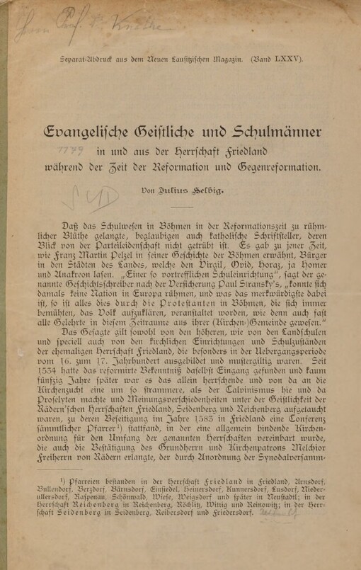 Evangelische Geistliche und Schulmänner in und aus der Herrschaft Friedland während der Zeit der Reformation und Gegenreformation