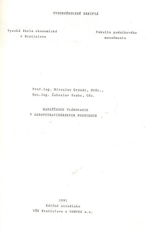 Manažérske plánovanie v agropotravinárskych podnikoch