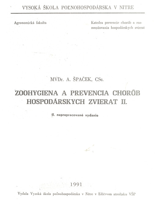 Zoohygiena a prevencia chorôb hospodárskych zvierat. Zv. 2