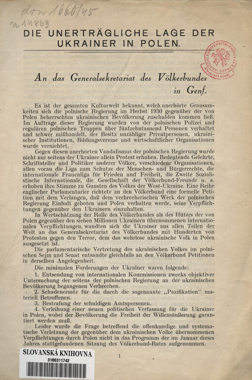 unerträgliche Lage der Ukrainer in Polen: an das Generalsekretariat des Völkerbundes in Genf