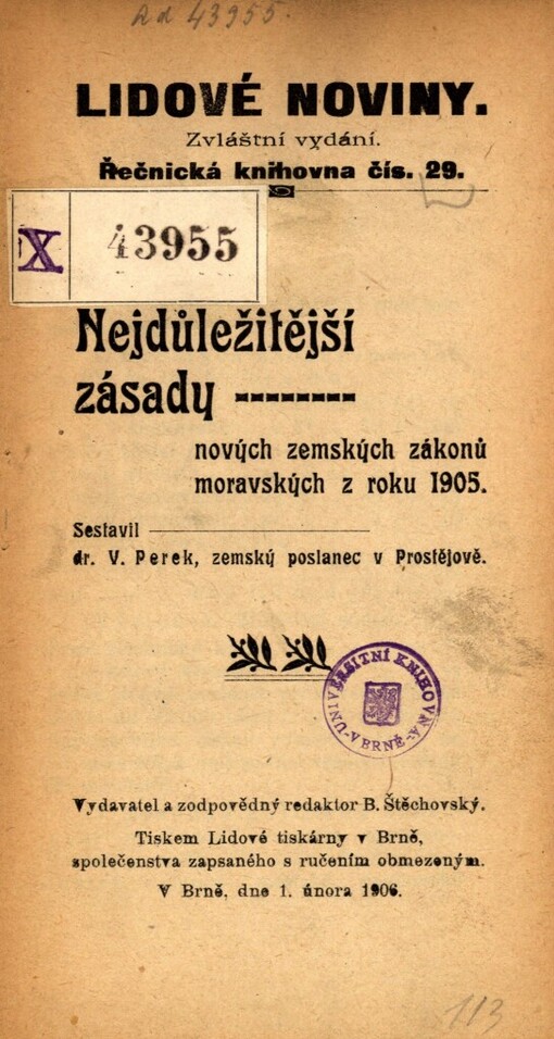 Lidové noviny :Nejdůležitější zásady nových zemských zákonů moravských z roku 1905