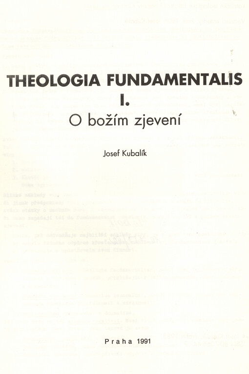 Theologia fundamentalis.I.,O božím zjevení