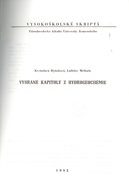 Vybrané kapitoly z hydrogeochémie