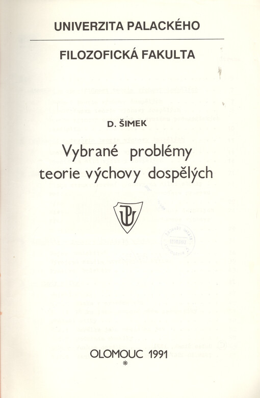 Vybrané problémy teorie výchovy dospělých : určeno pro posl. andragogiky filoz. fak. Univ. Palackého