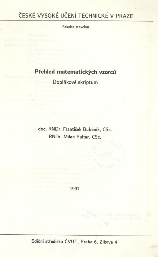 Přehled matematických vzorců: doplňkové skriptum pro stud. fak. stavební
