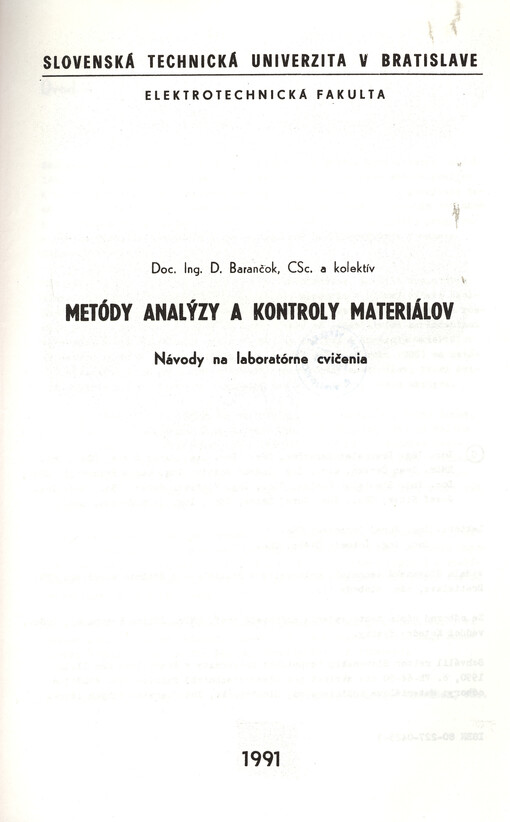 Metódy analýzy a kontroly materiálov : návody na laboratórne cvičenia