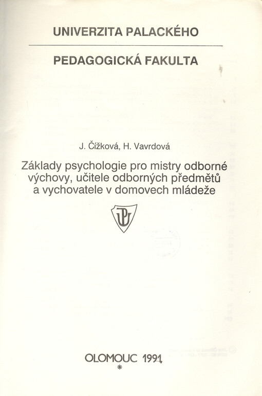 Základy psychologie pro mistry odborné výchovy, učitele odborných předmětů a vychovatele v domovech mládeže