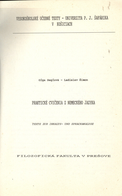 Praktické cvičenia z nemeckého jazyka : Texte zur Inhalts- und Sprachanalyse
