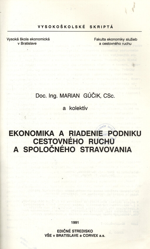 Ekonomika a riadenie podniku cestovného ruchu a spoločného stravovania
