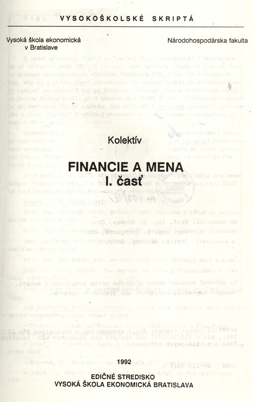 Financie a mena. Časť I.