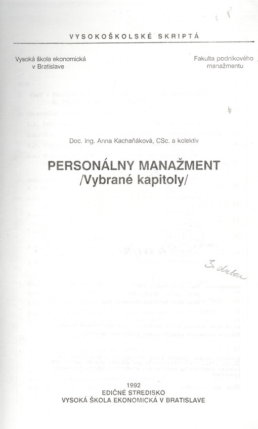 Personálny manažment : vybrané kapitoly