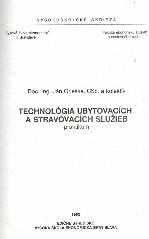 Technológia ubytovacích a stravovacích služieb :praktikum