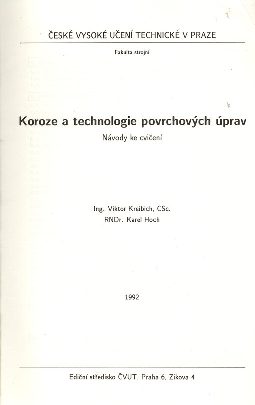 Koroze a technologie povrchových úprav :návody ke cvičení