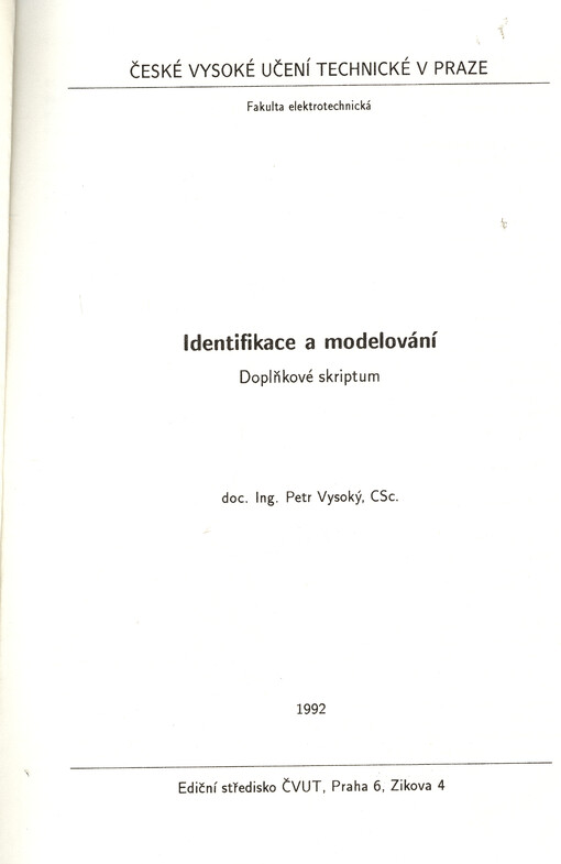 Identifikace a modelování : doplňkové skriptum