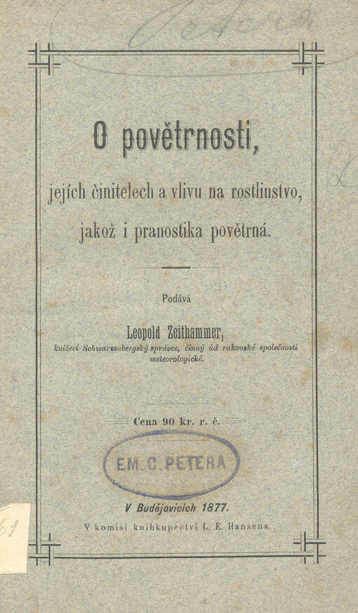 O povětrnosti, jejích činitelech a vlivu na rostlinstvo, jakož i pranostika povětrná