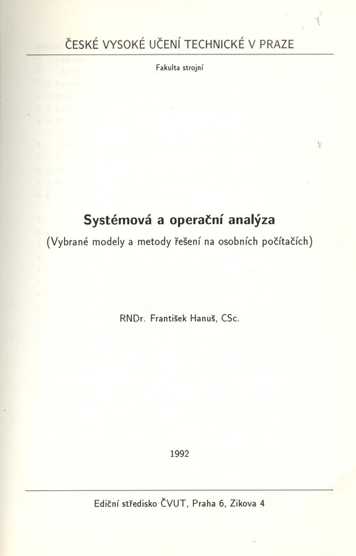 Systémová a operační analýza : vybrané modely a metody řešení na osobních počítačích