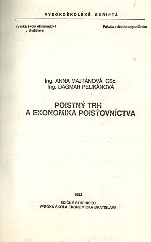 Poistný trh a ekonomika poisťovníctva