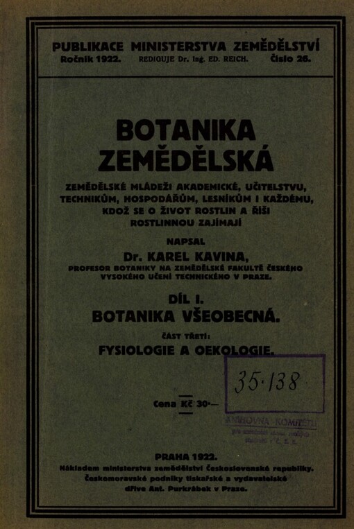 Botanika zemědělská.Díl I.,Botanika všeobecná.