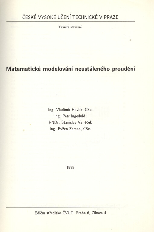 Matematické modelování neustáleného proudění