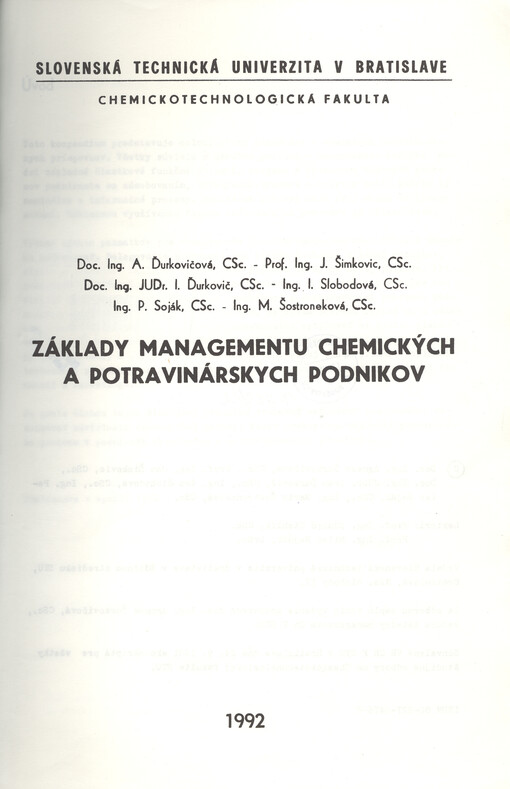 Základy managementu chemických a potravinárskych podnikov