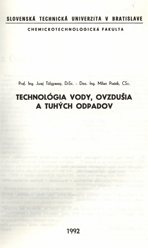 Technológia vody, ovzdušia a tuhých odpadov