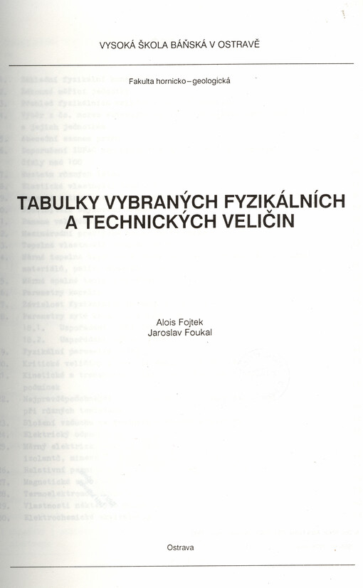 Tabulky vybraných fyzikálních a technických veličin :určeno pro posl. 1. a 2. roč. hornicko-geologické fak.