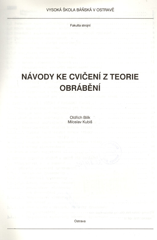 Návody ke cvičení z teorie obrábění : určeno pro posl. 3. roč. fak. strojní