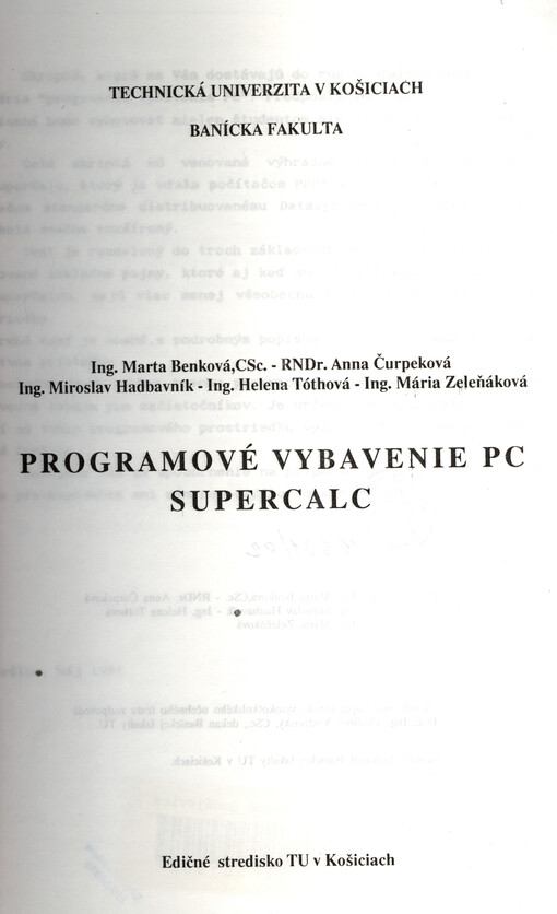 Programové vybavenie PC : supercalc