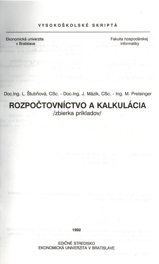 Rozpočtovníctvo a kalkulácia (zbierka príkladov)