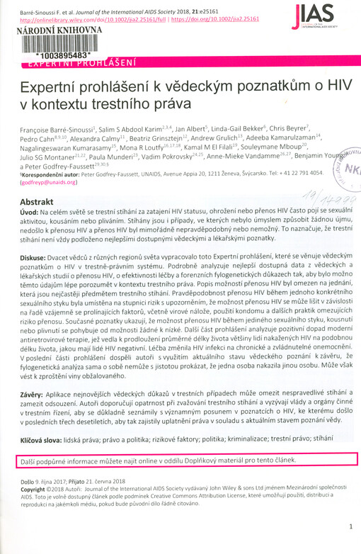 Expertní prohlášení k vědeckým poznatkům o HIV v kontextu trestního práva