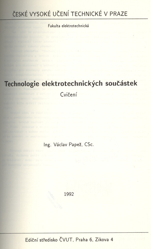 Technologie elektrotechnických součástek :cvičení