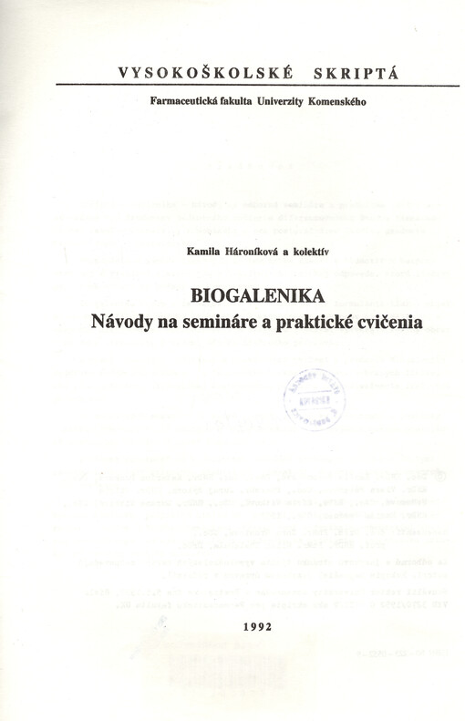 Biogalenika :návody na semináre a praktické cvičenia