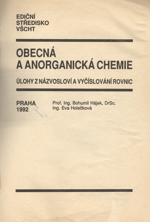 Obecná a anorganická chemie : úlohy z názvosloví a vyčíslování rovnic
