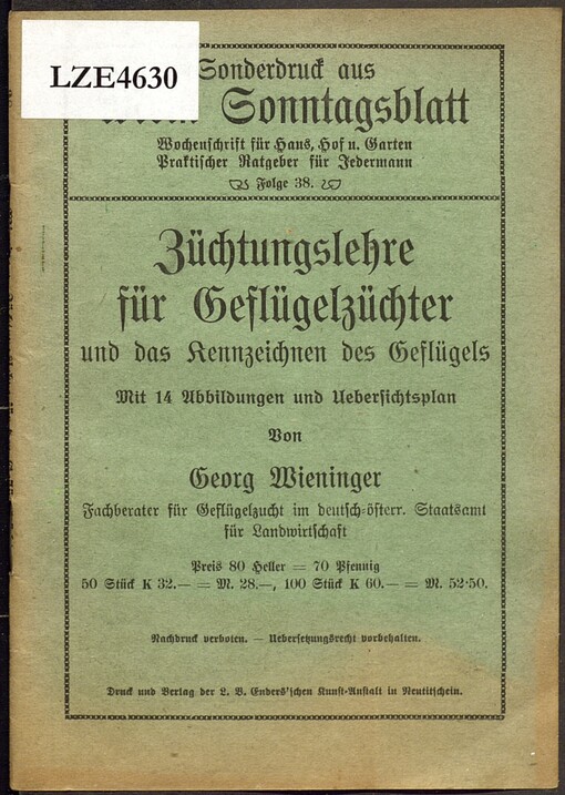 Züchtungslehre für Geflügelzüchter und das Kennzeichnen des Geflügels