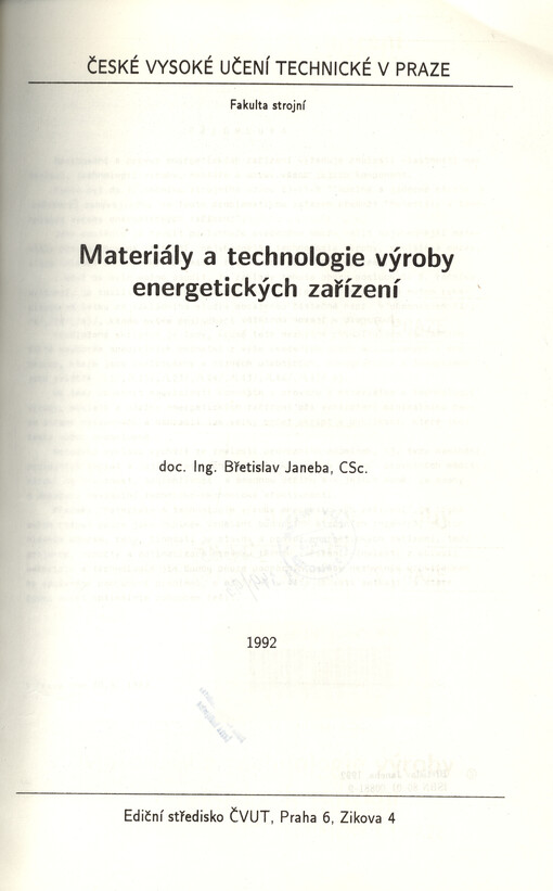 Materiály a technologie výroby energetických zařízení : určeno pro stud. fak. strojní