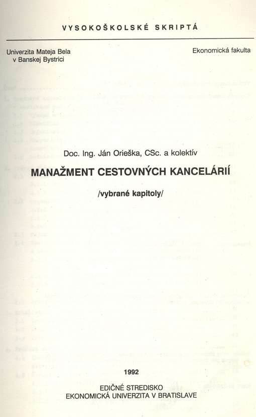 Manažment cestovných kancelárií (vybrané kapitoly )