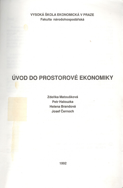 Úvod do prostorové ekonomiky: určeno pro stud. všech fakult