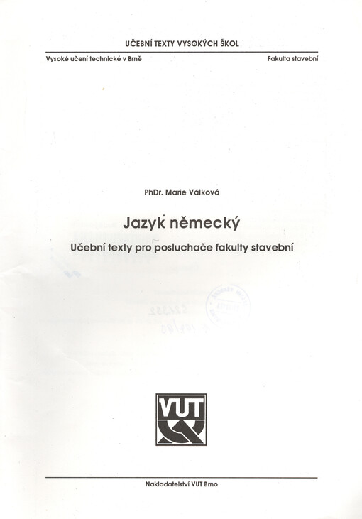 Jazyk německý : učební texty pro posluchače fakulty stavební