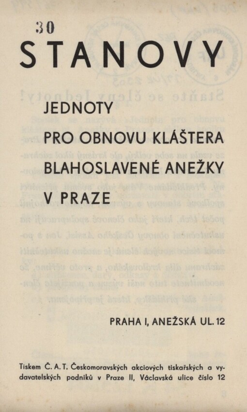 Stanovy Jednoty pro obnovu kláštera Blahoslavené Anežky v Praze